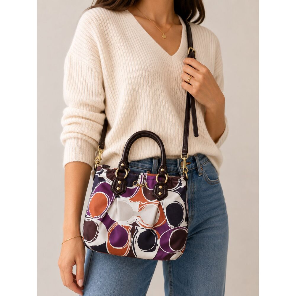 Coach Madison Op Art Satin Satchel Crossbody Bag Purple Brown Multicolor Boho